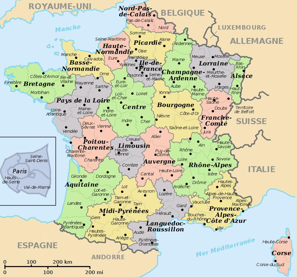 Frankrike distrikt karta - Områden i Frankrike karta (Västra Europa