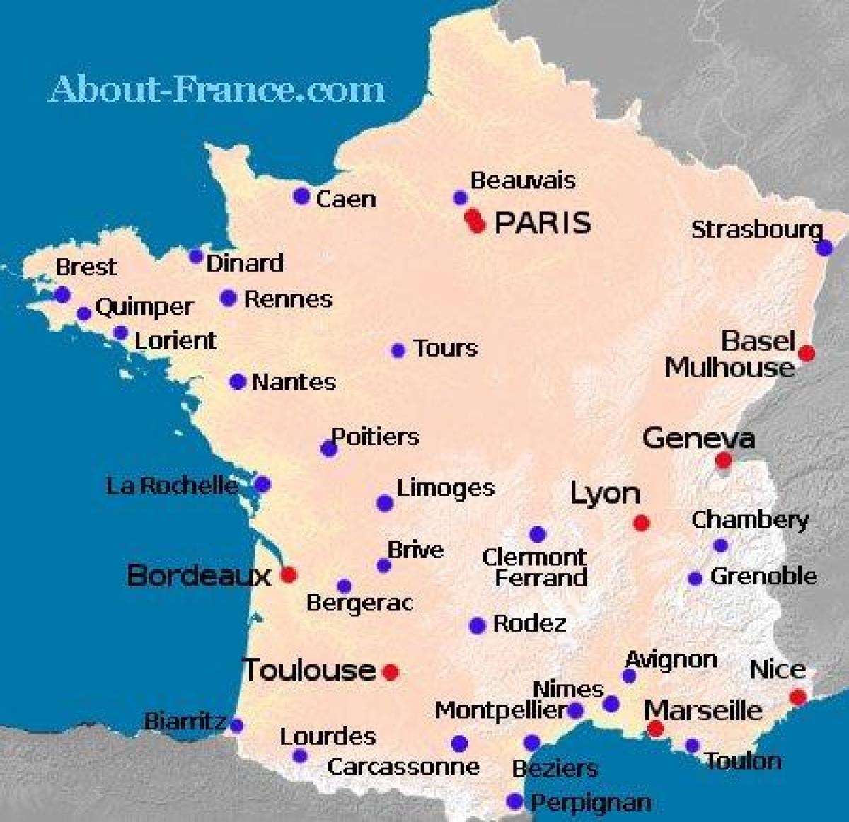 Flygplatser i Frankrike karta - Karta över Frankrike visar flygplatser