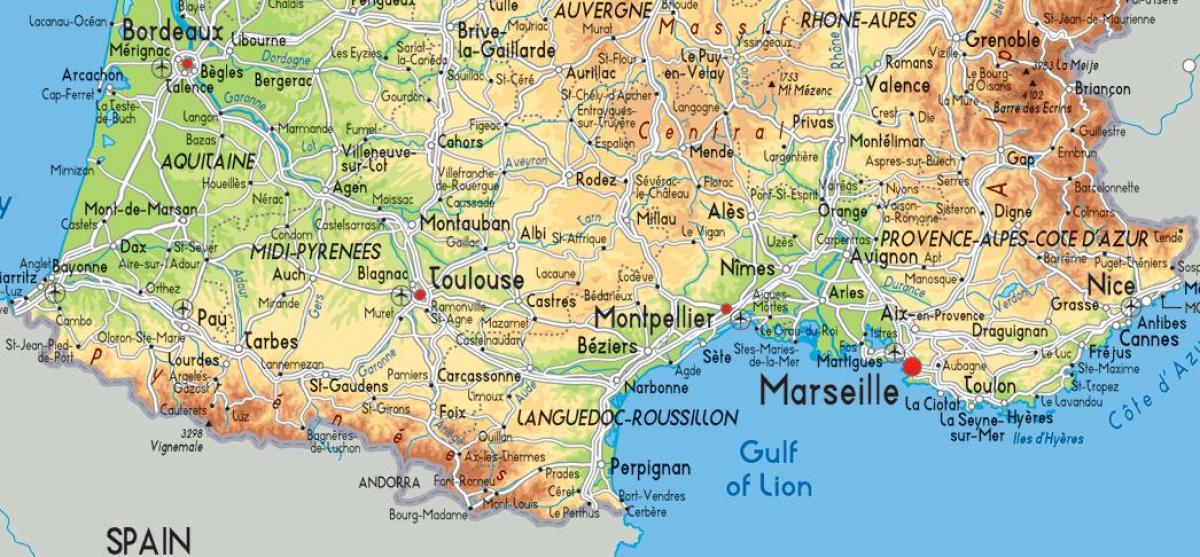 Södra Frankrike karta - Syd-Frankrike detaljerad karta (Västra Europa